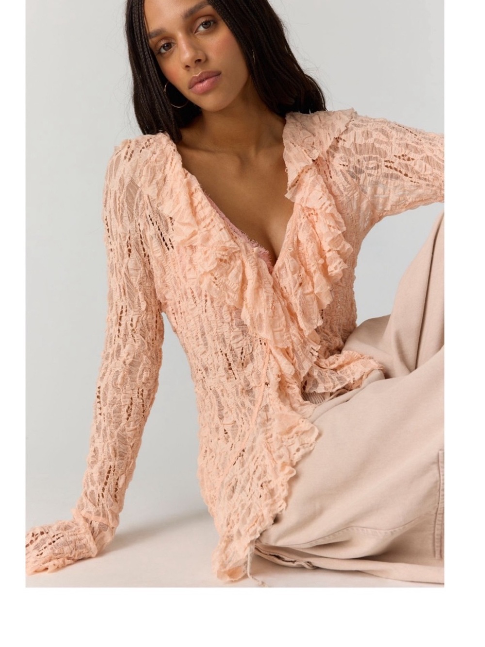Free People Peach Lace Ruffle V-Neck Cardigan